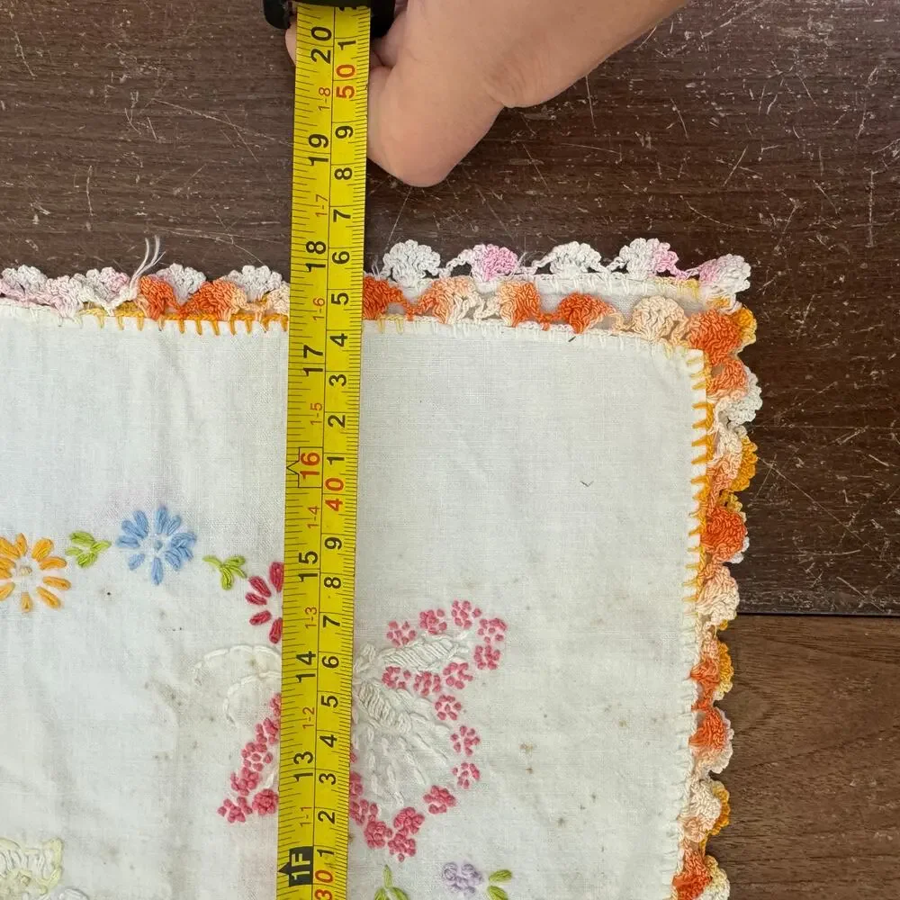 Vintage Hand-Stitched Embroidery Wash Stand Hand towel Floral Wreath Butterflies